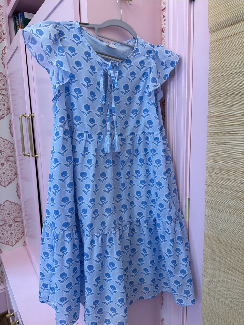 Light Blue Floral Tiered Casual Dress with Tassel Tie